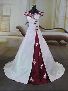 A-Linie-Brautkleid aus Satin mit schulterfreien, perlenbesetzten Spitzenapplikationen in Rot und Burgunderrot, zweifarbige Brautkleider nach Maß