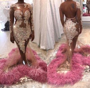 Luxury Feathers Mermaid Evening Dresses Sparkly Appliqued Beaded Illusion Bodice Sweep Train Plus Size Prom Dress Backless Custom Made Gowns