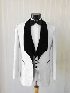 White Groom Tuxedos Jacquard Mens Wedding Tuxedos Black Velvet Lapel Man Jacket Blazer Popular 3 Piece Suit(Jacket+Pants+Vest+Tie) 1291