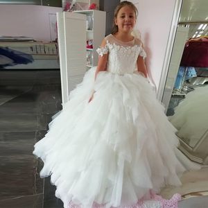 Classic White Ruffles Tier Flower Girls Dresses Lace Appliques O Neck Princess Toddler Communion Dress Layered Tulle Skirt Kids Formal Wear