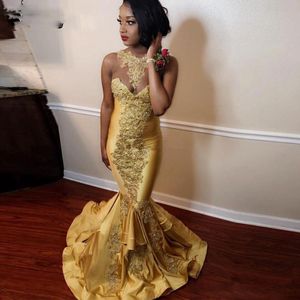 Sheer Gold Appliqued Mermaid Prom Dresses Sexy Plus Size Satin Formal Evening Gowns Tiered Ruffles Long Party Dress vestido