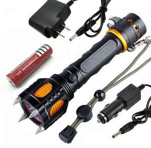 2000 Lumens T6 LED ficklampa Torch Light Self Defense Tactical Lampor med larm + Billaddare + Ac Charger + Batteri Gratis DHL