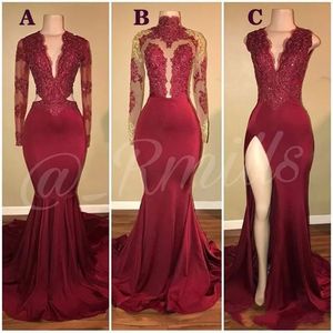 Prom Dresses 2020 Deep V Neck Mermaid Dark Red Split Party Dress Lace Appliques Crystal Pärlor Långärmad Plus Size Custom Evening Gowns