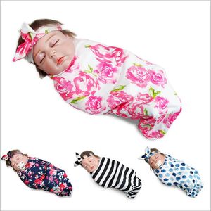 Nyfödda sovsäckar med huvudband Toddler Ins Floral Cocoon Swaddle Baby Wrap Swaddling Sleep Sack Photography Prop Blanket Wraps C7041