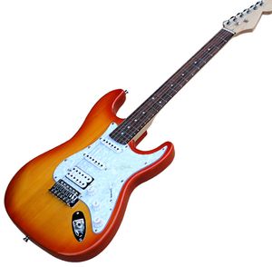 Custom Cherry Sunburst Electric Guitar with White Pearl Pickguard,SSH Pickups,Rosewood Fingerboard,offering customized services.