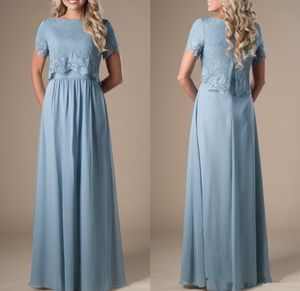 Himmelblå långa blygsamma brudtärna klänningar med korta ärmar spets topp a-line formell boho rustik religiös bröllopsfest klänning z43