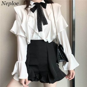 Neploe Ruffles Blouse 레이스 나비 넥타이 디자인 셔츠 2019 가을 달콤한 한국 패션 셔츠 여성 상단 나비 소매 Blusas 51558