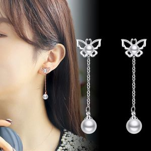 S925 Silver Pearl Butterfly Dangle Boucles d'oreilles Bijoux avec bouchon d'oreille en argent 925 Quatre méthodes de port