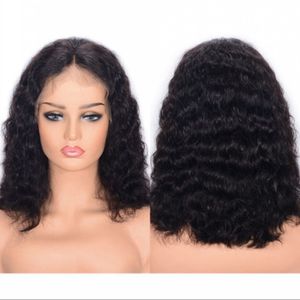 Mongolian Water Wave Lace Front Human Hair Wigs for Women Natural Color Short Bob Wig 130%