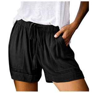 Verão casual shorts praia embolsed cintura alta comfy cordão splice solta calças curtas moda lady sworts plus size