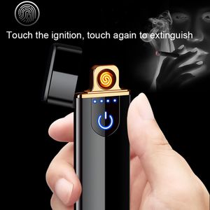 Ultra-thin Metal Cigarette Electronic Lighter USB Windproof Flameless Rechargeable Electric Coil Lighter Plasma Touch Sensing on Sale