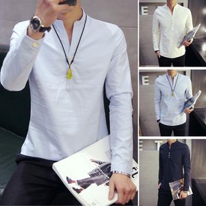 Camisas casuais masculinas camisa de linho de algodão Henley 2021 vestido de outono masculino ajuste fino manga longa tamanho asiático