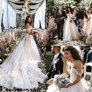 Wedding Floral barato Vestidos Off-ombro mangas Lace Appliqued Vestido de Noiva Tulle Tribunal Trem Custom Made Robes De Mariée Hot Sell