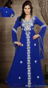 Royal Blue Chiffon Evening Dresses Pärlor Långärmad Chiffon Formell Klänning 2019 Nya Mode Abaya Kaftan Dubai Gowns 180