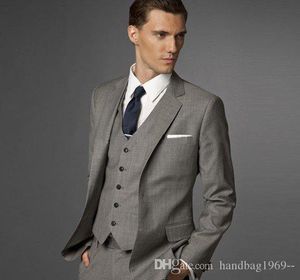 Classic Design Light Grey Men Work Clothes Groom Tuxedos Notch Lapel Groomsmen Best Man Mens Wedding Suits (Jacket+Pants+Vest+Tie) D:310