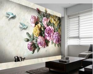 belas paisagens Papéis de parede 3D Europeia tridimensional alívio rosa flor fundo pássaro parede decoração pintura