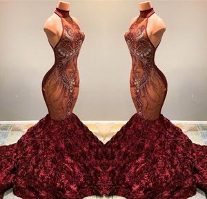 2020 Oszałamiająca Afrykańska Syrenka Prom Dresses Burgundia Długa Wysoka Neck Frezowanie Kryształowe Ruffles Kobiety Sexy Pageant Party Suknie Vestidos