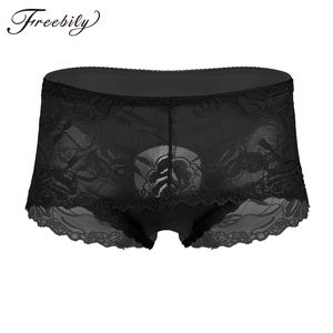 Mens Bikini Underwear Sissy See Though Sheer Lace High Waisted Briefs Gay Sexy Underpants Girly Temptation Crotchless Panties
