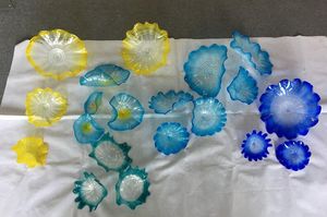 Murano-Blumenteller-Lampen für den Innenbereich, Kunst, blau-gelber Schirm, dekorative Hängeteller aus mundgeblasenem Glas mit Wellenkanten