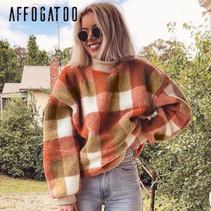 Affogatoo Casual O neck plaid lambswool hoodies sweatshirt women Vintage loose pullover sweatshirt Autumn winter ladies coats T200727