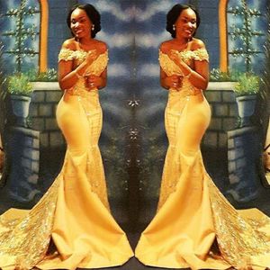 Nijeryalı Saten Elbiseleri toptan satış-Afrika Nijeryalı Sarı Deniz Kızı Balo Elbiseleri Afrika Omuz Kapalı Dantel Sizik Saten Akşam Balo Elbiseleri BA8405