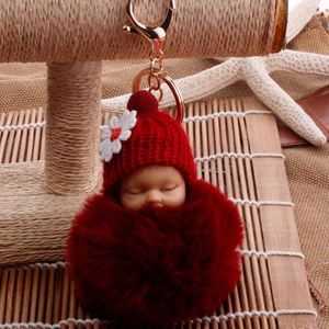 Keychains & Lanyards Cute Sleeping Baby Doll Keychain Pompom Helmet Rabbit Fur Ball Carabiner Key Chain Keyring Key Holder Bag Pendant key Ring Gift Z1L5
