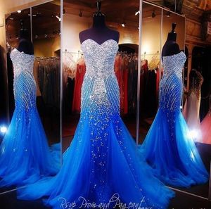 Sexy azul real sereia longo vestidos de baile pageant feminino sexy querida frisado cristal vestidos de gala tule vestidos de noite