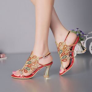 Women Banquet Prom Party Shoes Plus Size 11 Summer Rhinestone Sandals Open Toe Chunky Heel Strappy Wedding Shoes for Bride Red Black Color