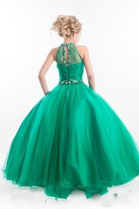 Glitz Emerald Green Girls Pageant Dresses Halter Wysoka Neck Tulle Zroszony Kryształy Dzieci Urodziny Prom Suknie