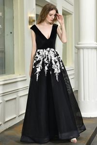 Black Long Evening Dresses V-Neck Zipper Gown Formal Dresses Appliques Real Photos Vestidos Elegantes Vestidos De Noche