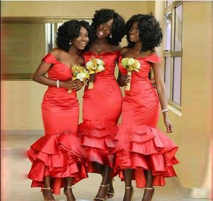 African Red Mermaid Bridesmaids Dresses 2018 Off Shoulder Plus Size Tea Length Maid Of Honors Dresses Tiered Satin Wedding Party Dress