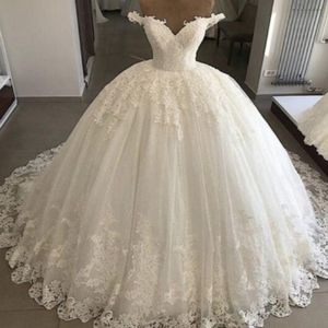 Ballkleid-Hochzeitskleider im Vintage-Stil mit Spitzenapplikationen, schulterfrei, ärmellos, nach Maß, mit Schnürung am Rücken, Brautkleider, Sweep-Zug, bauschiger Stil