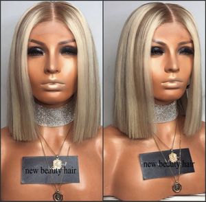 Spitzenperücken, tiefer Mittelteil, braune Wurzeln, Ombré-Blond, kurze Lace-Front-Perücken, synthetische, hitzebeständige brasilianische Haar-Bob-Perücke für weiß/schwarze Frauen