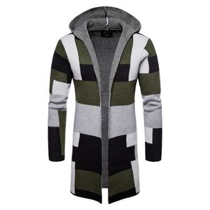 Długi Kardigan Mężczyźni Sweter Knit Gruby Z Kapturem Z Kapturem Mid Długi Kardigan Mężczyźni Sweter Mężczyzna Patchwork Design Mens Cardigans Sweter Mężczyzna J1111204