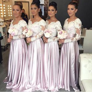 Robe Demoiselle D'Honneur Bir Çizgi Uzun Kollu Pembe Dantel Bridemaid Elbiseler Saten Gelinlik Düğün Parti Abiye