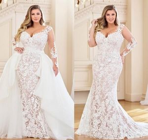 Plus Size Mermaid Wedding Dresses with Detachable Train 2020 Lace Applique Bridal With Long Sleeve Vestidos De Novia Wedding Gown
