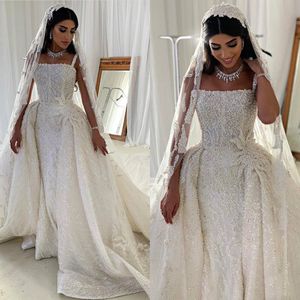 2020 Bohemian New Ankomst Avtagbar svans sjöjungfru Bröllopsklänningar Spaghetti Satin Lace Applique Bridal Gowns Zipper Sweep Train Bröllopsklänning