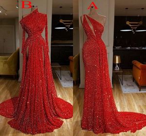 Arabic Bling New Sexy Dark Red Sequins Lace Prom Dresses One Shoulder Keyhole Sheath Split Party Sequined Long Formal Evening Gowns Wear