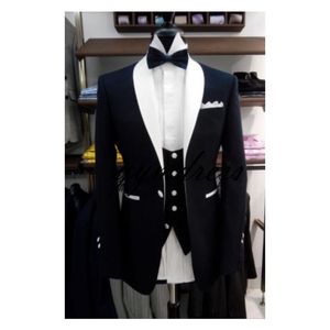 Smoking noivo preto branco xaile lapela groomsmen terno homem melhor casamento ternos noivo (jaqueta + calça + colete + arco)