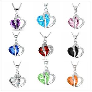 Kvinnor Fashion Heart Necklace Crystal Rhinestone Silver Chain Pendant Halsbandsmycken 9 Färger Trevlig presentfri frakt