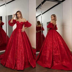 Elegancka Red Ball Suknia Suknie Wieczorowe Długo Off Sweetheart Cekinowy Aplikacje Zroszony Formalna Suknia Quinceanera Suknie Wieczorowe Suknie