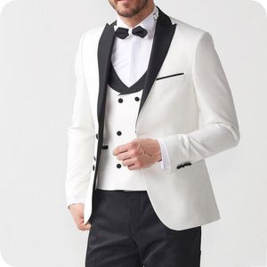 Stilig två knappar Ivory Groom Tuxedos Peak Lapel Män Passar 3 stycken Bröllop / Prom / Dinner Blazer (Jacka + Byxor + Vest + Slips) W629