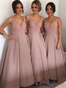 Blush Pink Bridesmaid Dresses V Neck Sleeveless High-Low Heavy Beaded Junior Country Bridesmaid Dresses Long Maid Of Honor Dresses