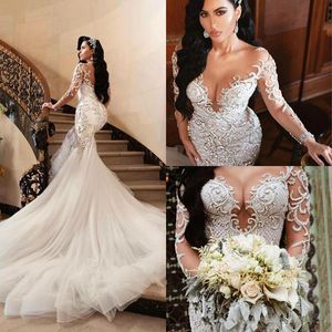 Luksusowe 2020 seksowne arabskie sukienki ślubne syrena frezowanie haft haftowe sukienki ślubne Sheer szyi długie rękawy sukienki ślubne vestido258d