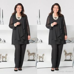 Black Mother Of The Bride Pant Suits With Jackets Scoop Neck Wedding Guest Dress Three Pieces Plus Size Chiffon Mothers Groom Dresses