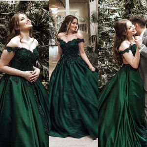 Hunter Dark Green Ball Gown Quinceanera Dresses Off Shoulder Lace Crystal Beaded Satin Sweet 16 Floor Length Party Pageant Prom Evening Gown