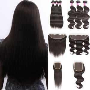 10A ブラジルバージンヘアと閉鎖エクステンション 3 バンドルブラジル実体波ヘアレースフロント未処理ストレート人毛織り