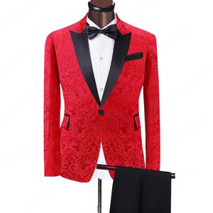 Damat Smokin özelleştirmek Kırmızı Jakarlı Erkekler Düğün Smokin Siyah Tepe Yaka Ceket Blazer Moda Erkekler Yemeği / Darty Suit (Ceket + Pantolon + Kravat) 1227