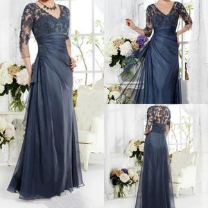 Vintage Navy Blue Mother Of The Bride Groom Dress 3/4 Sleeves Appliques Lace V Neck Long Custom Made Evening Party Prom Gowns