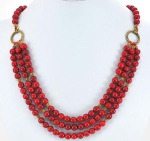 3 Strands Red Coral Round Beads Gold Toggle Necklace 19" FREE SHIPPING